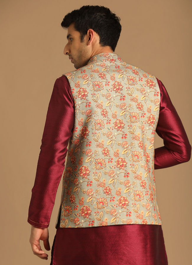alt message - Manyavar Men Grey Jacket With Multicolor Floral Prints image number 2